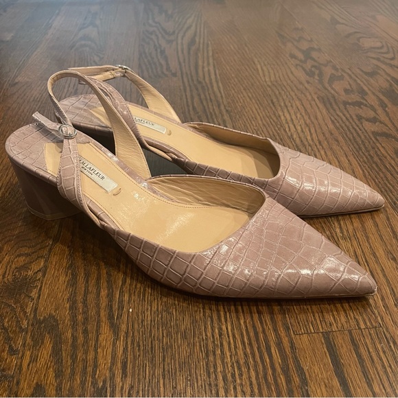 MM LAFLEUR Irene Rosy Taupe Croc Embossed Leather Slingback Block Heels - Picture 2 of 13